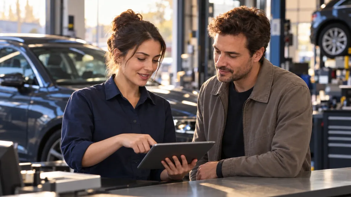 Araç sahibine tablet üzerinden ürün seçimi hakkında yardımcı olan danışman