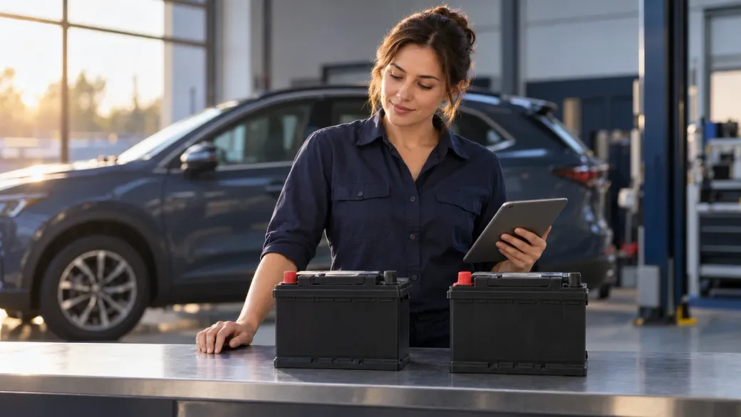 Servis danışmanı, tezgâhtaki iki araç aküsünü tabletle karşılaştırıyor
