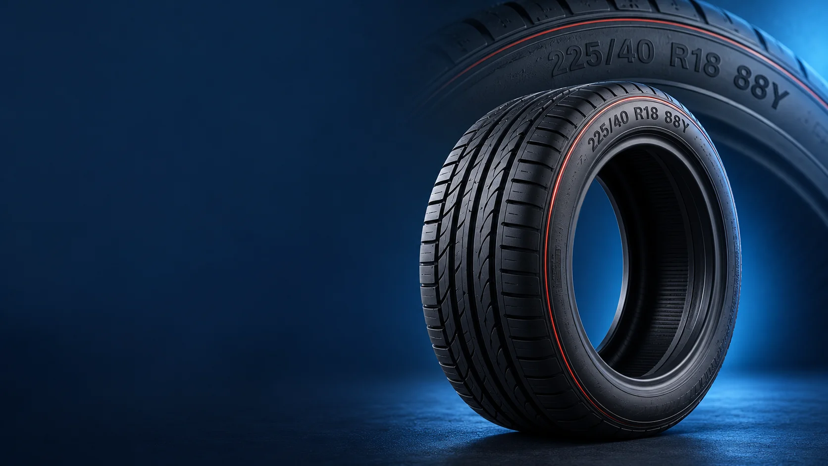 225/40 R18 88Y kodunun göründüğü, koyu mavi fonda hazırlanmış temsili lastik çizimi