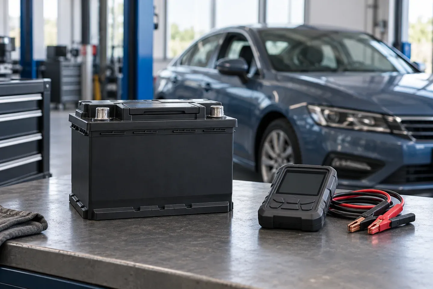 Servis tezgâhındaki kapalı marş aküsü ve yanında bağlantısız duran kontrol cihazı