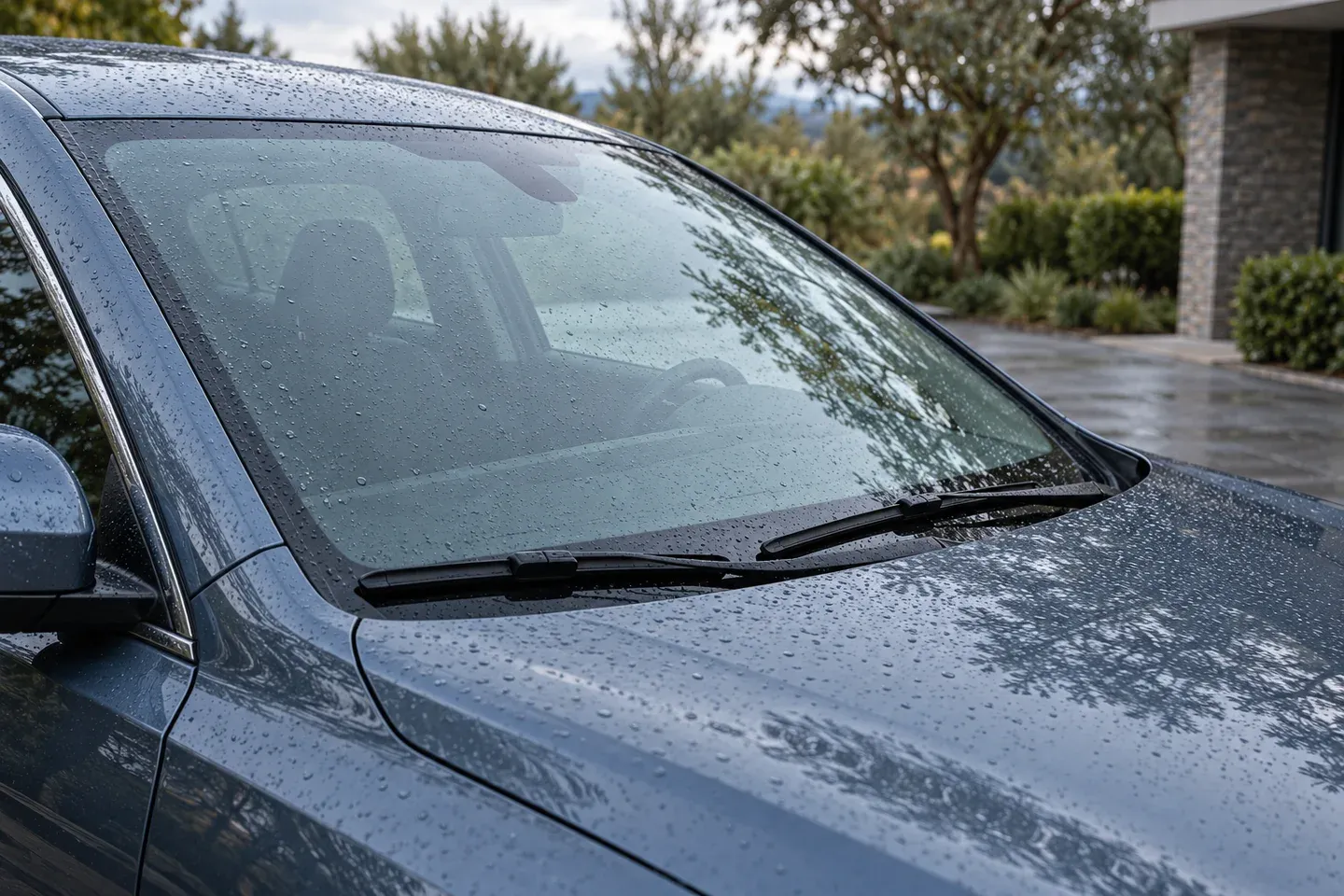 Park halindeki otomobilin yağmur damlalı ön camı ve camın altında duran silecekleri