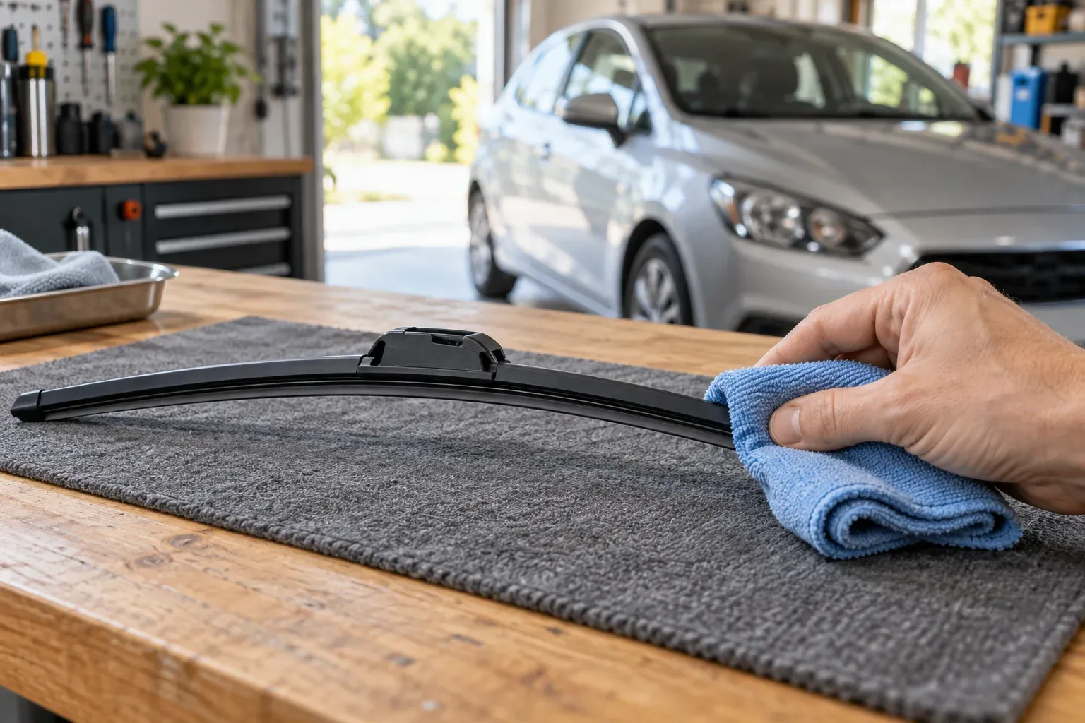 Tezgâhta desteklenen silecek lastiğinin mikrofiber bezle nazikçe temizlenmesini gösteren temsili görsel